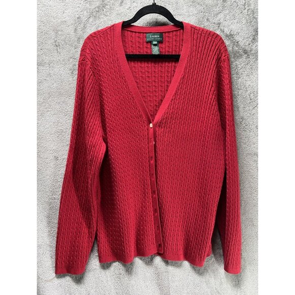 Lauren Ralph Lauren Womans 2X Cable Knit Sweater Jacket cardigan Plus Button Red - Picture 1 of 6